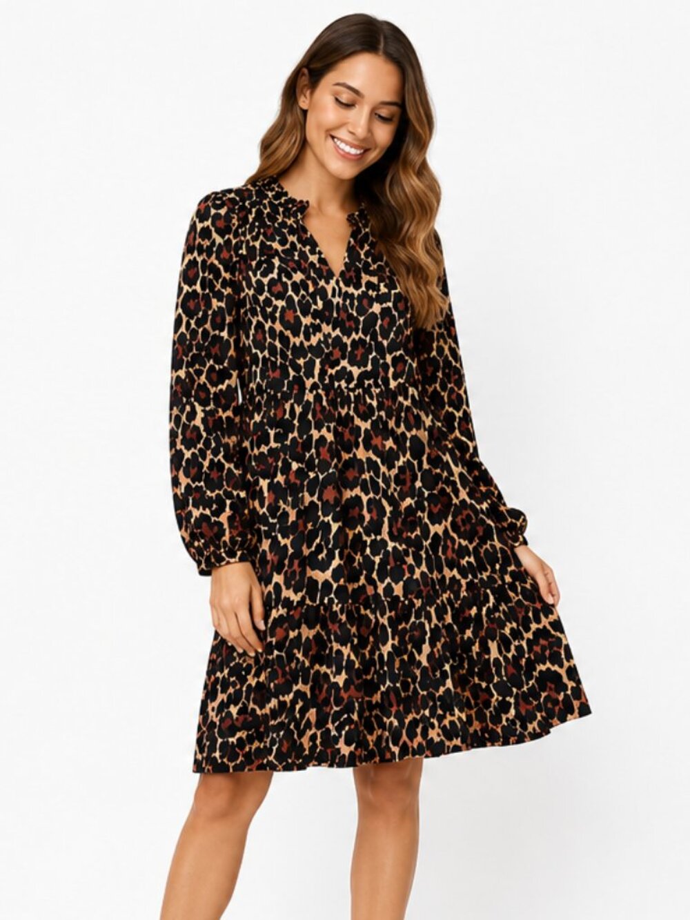 J.Crew Leopard Print Chiffon Mini Dress XS Long Sleeve Tiered Boho Flowy Vacatio